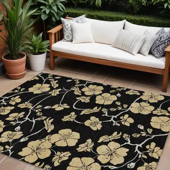 9' X 12' Black And Gold Floral Washable Indoor Outdoor Area Rug