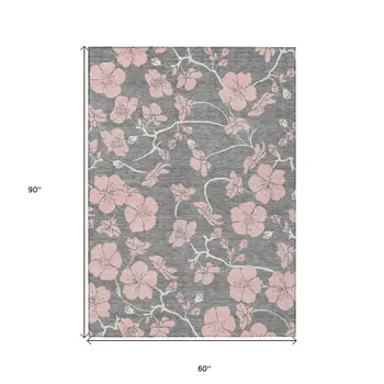 5' X 8' Gray Pink And Ivory Floral Washable Indoor Outdoor Area Rug