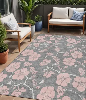 5' X 8' Gray Pink And Ivory Floral Washable Indoor Outdoor Area Rug