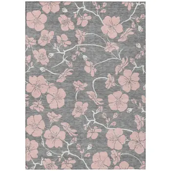 5' X 8' Gray Pink And Ivory Floral Washable Indoor Outdoor Area Rug