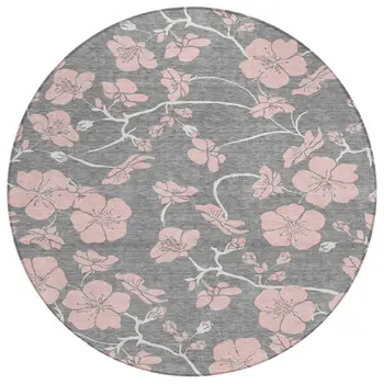 8' Gray Pink And Ivory Round Floral Washable Indoor Outdoor Area Rug