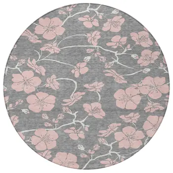 8' Gray Pink And Ivory Round Floral Washable Indoor Outdoor Area Rug