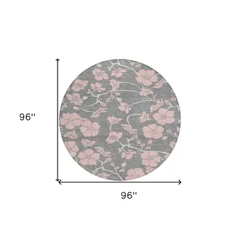 8' Gray Pink And Ivory Round Floral Washable Indoor Outdoor Area Rug