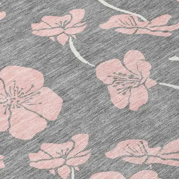 9' X 12' Gray Pink And Ivory Floral Washable Indoor Outdoor Area Rug