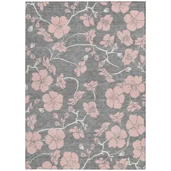10' X 14' Gray Pink And Ivory Floral Washable Indoor Outdoor Area Rug