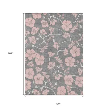 10' X 14' Gray Pink And Ivory Floral Washable Indoor Outdoor Area Rug