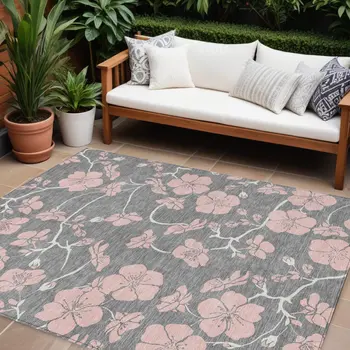 10' X 14' Gray Pink And Ivory Floral Washable Indoor Outdoor Area Rug