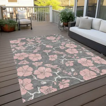 10' X 14' Gray Pink And Ivory Floral Washable Indoor Outdoor Area Rug