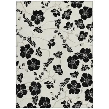 3' X 5' Ivory And Black Floral Washable Indoor Outdoor Area Rug