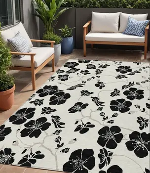 5' X 8' Ivory And Black Floral Washable Indoor Outdoor Area Rug