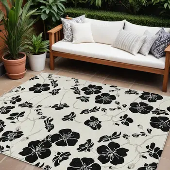 9' X 12' Ivory And Black Floral Washable Indoor Outdoor Area Rug