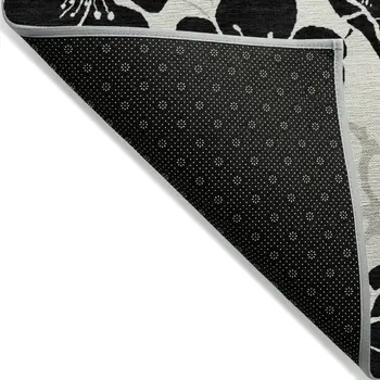 9' X 12' Ivory And Black Floral Washable Indoor Outdoor Area Rug