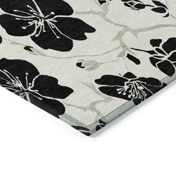 9' X 12' Ivory And Black Floral Washable Indoor Outdoor Area Rug