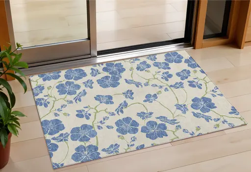 3' X 5' Linen Blue And Green Floral Washable Indoor Outdoor Area Rug