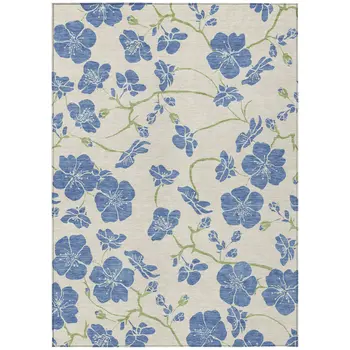 3' X 5' Linen Blue And Green Floral Washable Indoor Outdoor Area Rug