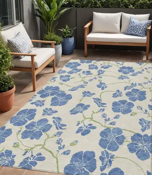 5' X 8' Linen Blue And Green Floral Washable Indoor Outdoor Area Rug