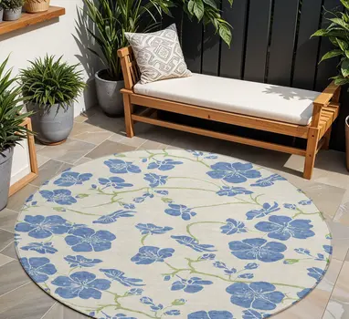 8' Linen Blue And Green Round Floral Washable Indoor Outdoor Area Rug