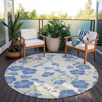 8' Linen Blue And Green Round Floral Washable Indoor Outdoor Area Rug