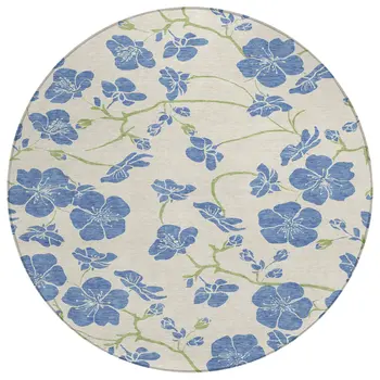 8' Linen Blue And Green Round Floral Washable Indoor Outdoor Area Rug