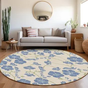 8' Linen Blue And Green Round Floral Washable Indoor Outdoor Area Rug