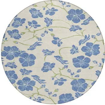 8' Linen Blue And Green Round Floral Washable Indoor Outdoor Area Rug