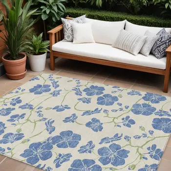 8' X 10' Linen Blue And Green Floral Washable Indoor Outdoor Area Rug