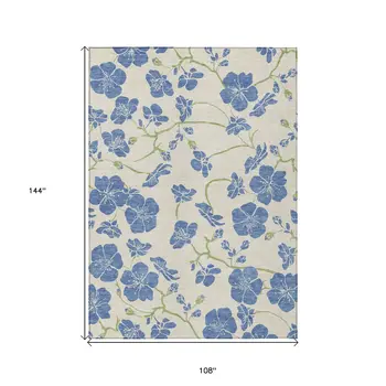 9' X 12' Linen Blue And Green Floral Washable Indoor Outdoor Area Rug