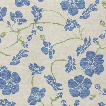 9' X 12' Linen Blue And Green Floral Washable Indoor Outdoor Area Rug
