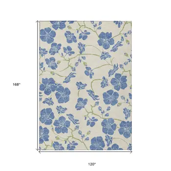10' X 14' Linen Blue And Green Floral Washable Indoor Outdoor Area Rug