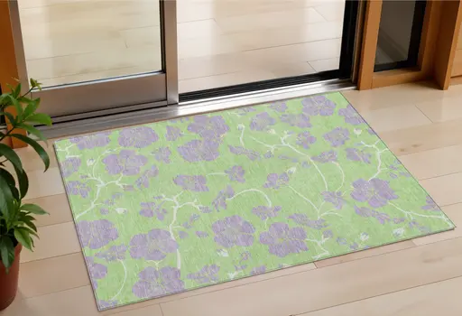 3' X 5' Mint Green Purple And Ivory Floral Washable Indoor Outdoor Area Rug