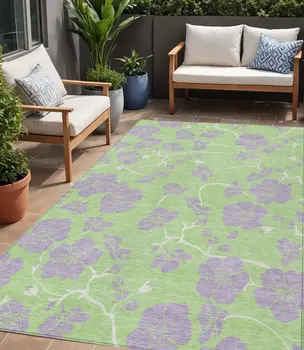 5' X 8' Mint Green Purple And Ivory Floral Washable Indoor Outdoor Area Rug