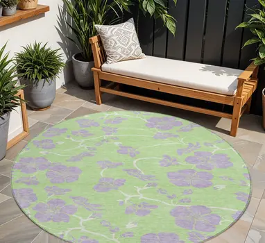 8' Mint Green Purple And Ivory Round Floral Washable Indoor Outdoor Area Rug