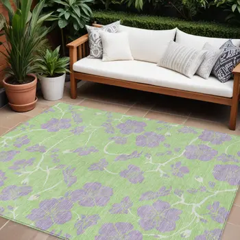 10' X 14' Mint Green Purple And Ivory Floral Washable Indoor Outdoor Area Rug