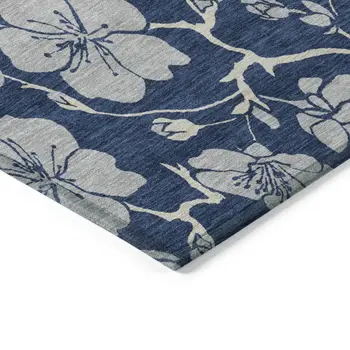 3' X 5' Navy Blue And Gray Floral Washable Indoor Outdoor Area Rug