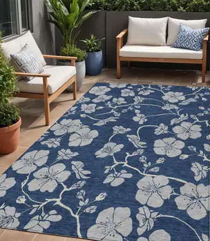 5' X 8' Navy Blue And Gray Floral Washable Indoor Outdoor Area Rug