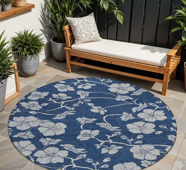 8' Navy Blue And Gray Round Floral Washable Indoor Outdoor Area Rug