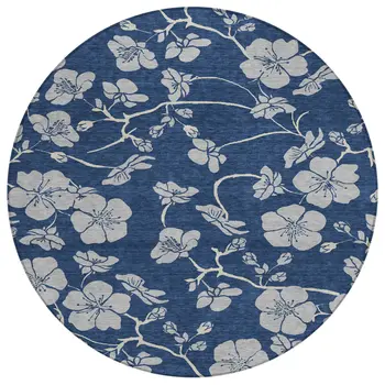 8' Navy Blue And Gray Round Floral Washable Indoor Outdoor Area Rug
