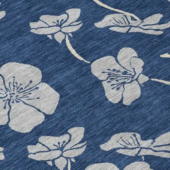 8' Navy Blue And Gray Round Floral Washable Indoor Outdoor Area Rug