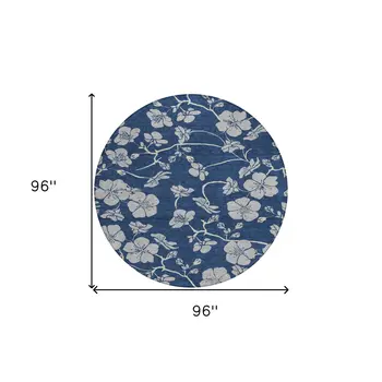 8' Navy Blue And Gray Round Floral Washable Indoor Outdoor Area Rug