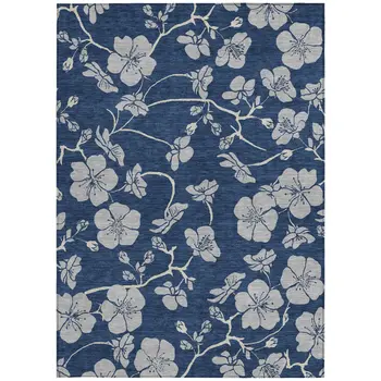 8' X 10' Navy Blue And Gray Floral Washable Indoor Outdoor Area Rug