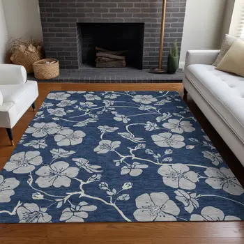 8' X 10' Navy Blue And Gray Floral Washable Indoor Outdoor Area Rug