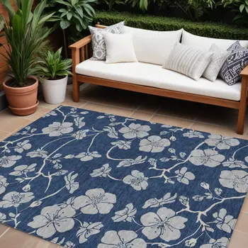 9' X 12' Navy Blue And Gray Floral Washable Indoor Outdoor Area Rug
