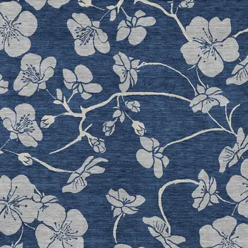 9' X 12' Navy Blue And Gray Floral Washable Indoor Outdoor Area Rug