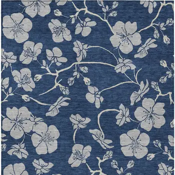 9' X 12' Navy Blue And Gray Floral Washable Indoor Outdoor Area Rug