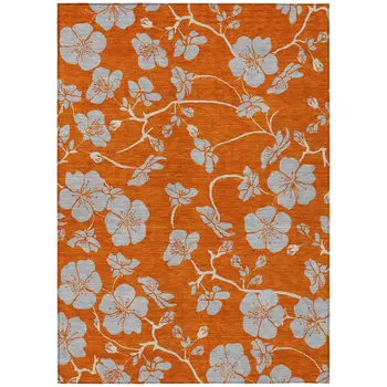 3' X 5' Orange And Gray Floral Washable Indoor Outdoor Area Rug