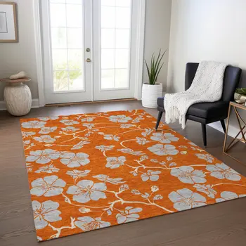 3' X 5' Orange And Gray Floral Washable Indoor Outdoor Area Rug