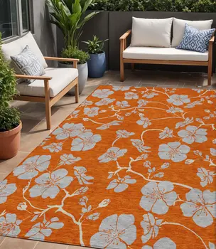 5' X 8' Orange And Gray Floral Washable Indoor Outdoor Area Rug