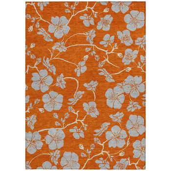 9' X 12' Orange And Gray Floral Washable Indoor Outdoor Area Rug