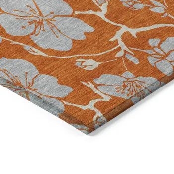 9' X 12' Orange And Gray Floral Washable Indoor Outdoor Area Rug