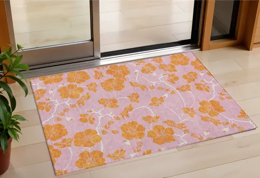 3' X 5' Pink And Copper Floral Washable Indoor Outdoor Area Rug